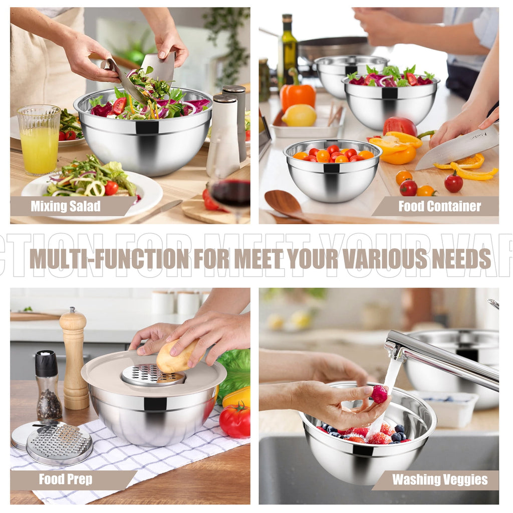 Mixing Bowls with Lids Set of 5, Vesteel Stainless Steel Mixing Bowls Metal Nesting Salad Bowls, Size 4.5, 3, 1.5, 1, 0.7 QT Great for Cooking, Baking, Serving - Multi-Color