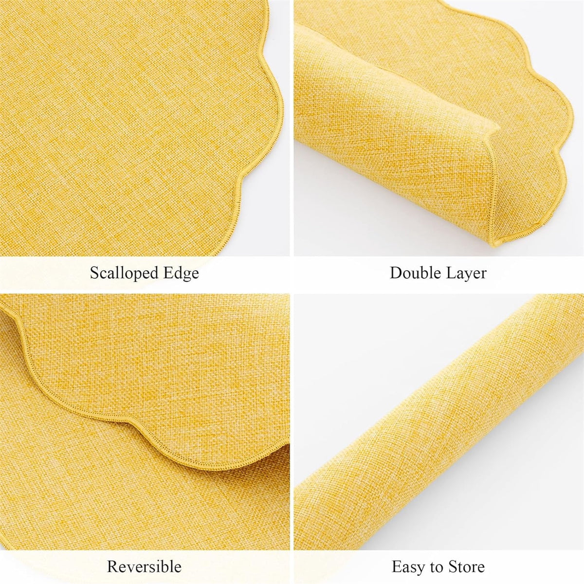 Ileading Scalloped Round Placemats Set of 6 Polyester Linen Blend Washable Non Slip Place Mats Easy Clean Heat Resistant Table Mats for Kitchen Dining Table Decor