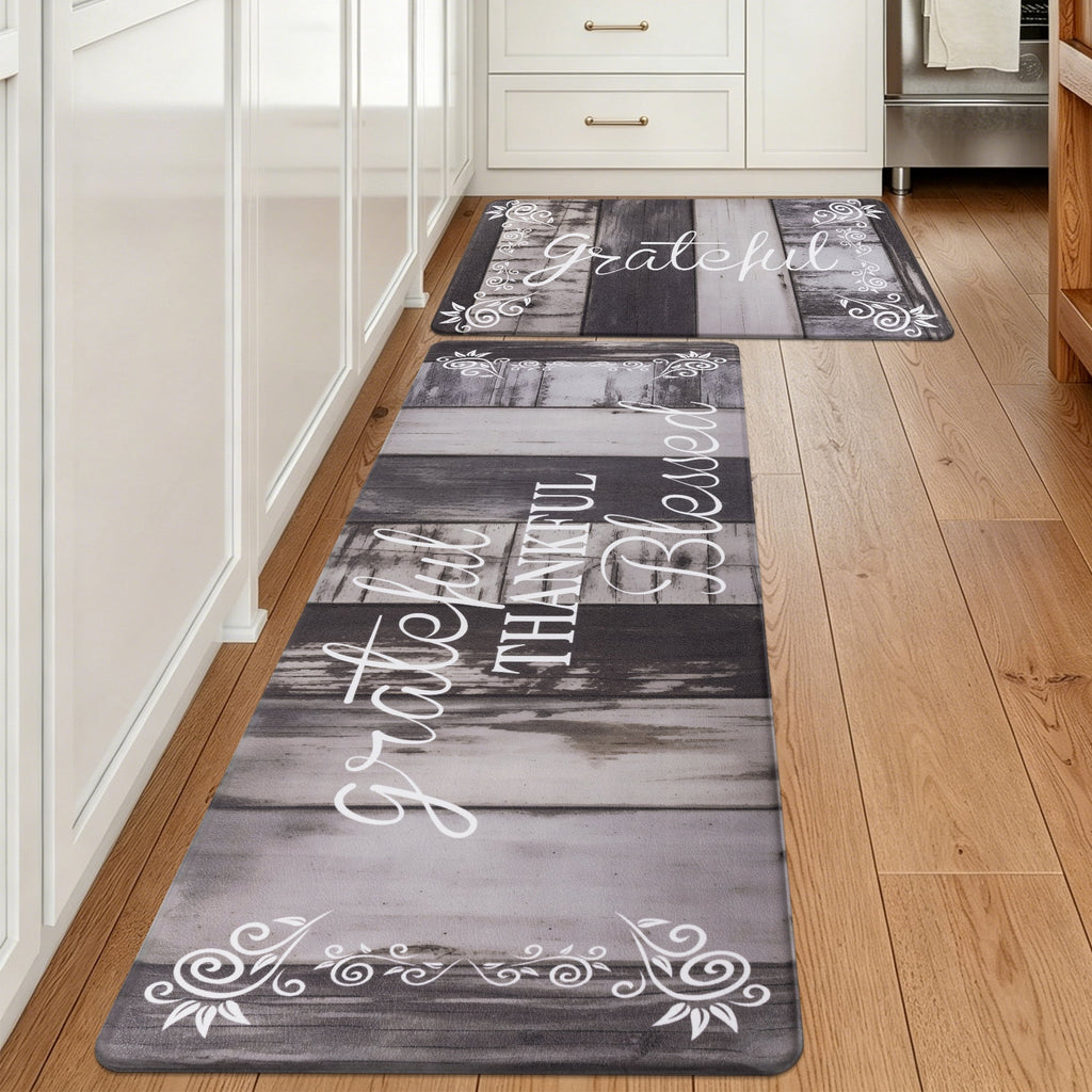 MeyJey Farmhouse Kitchen Rug Set of 2, Non-Slip Anti-Fatigue Waterproof Cushioned Mat for Kitchen, Dining & Laundry Room, 18"x30"+18"x48" Teal/Brown