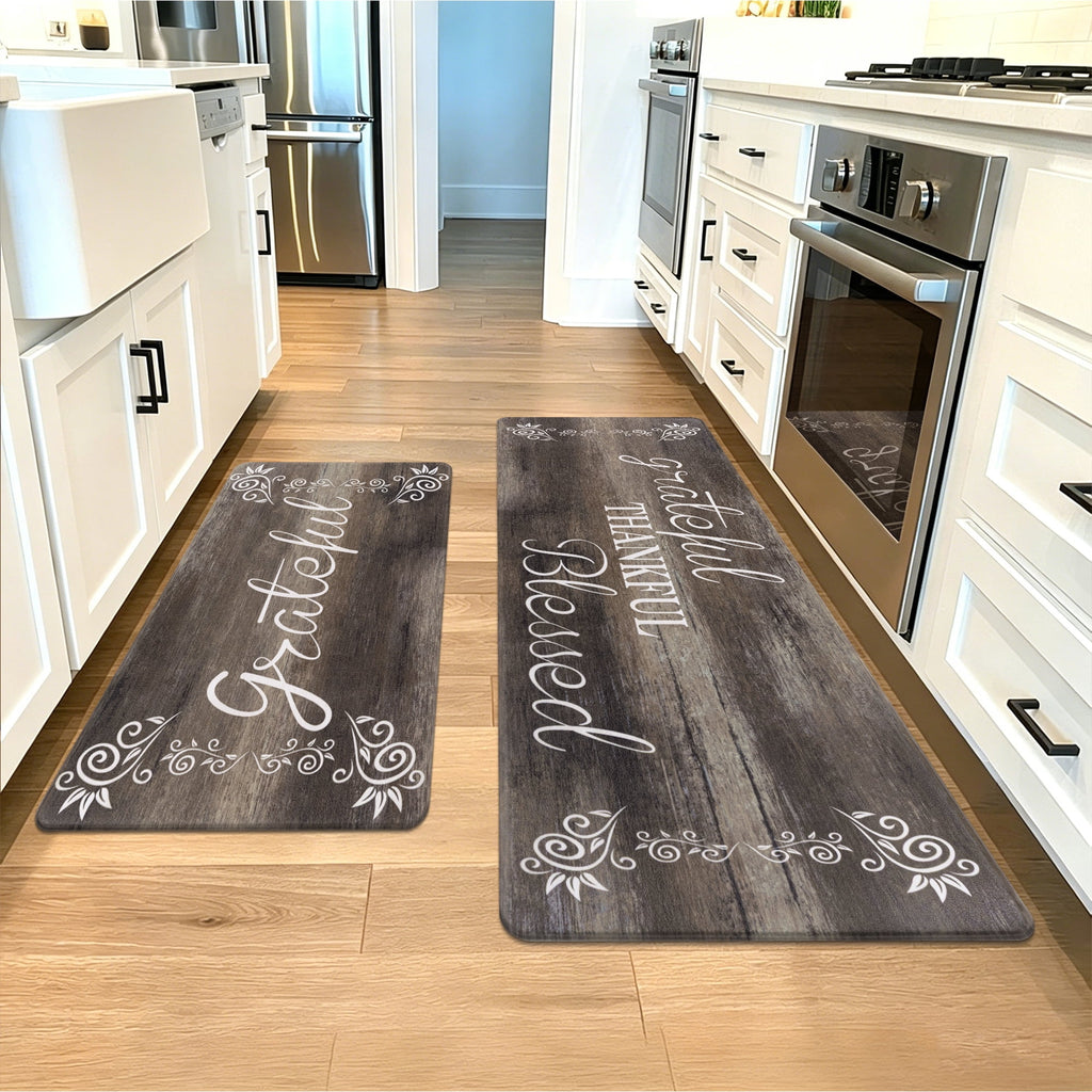 MeyJey Farmhouse Kitchen Rug Set of 2, Non-Slip Anti-Fatigue Waterproof Cushioned Mat for Kitchen, Dining & Laundry Room, 18"x30"+18"x48" Teal/Brown