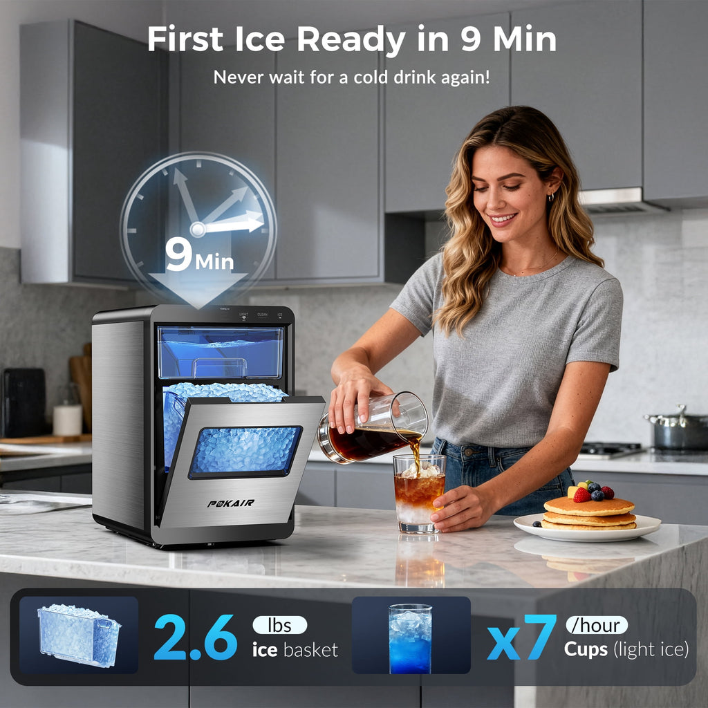 POKAIR Smart Nugget Ice Maker Countertop, Wi-Fi App Controlled Portable Ice Maker 44lbs/Day, Soft Chewable Pebble Ice in 9 Minutes, Self-Cleaning, Stainless Steel Ice Machine for Home & RVs
