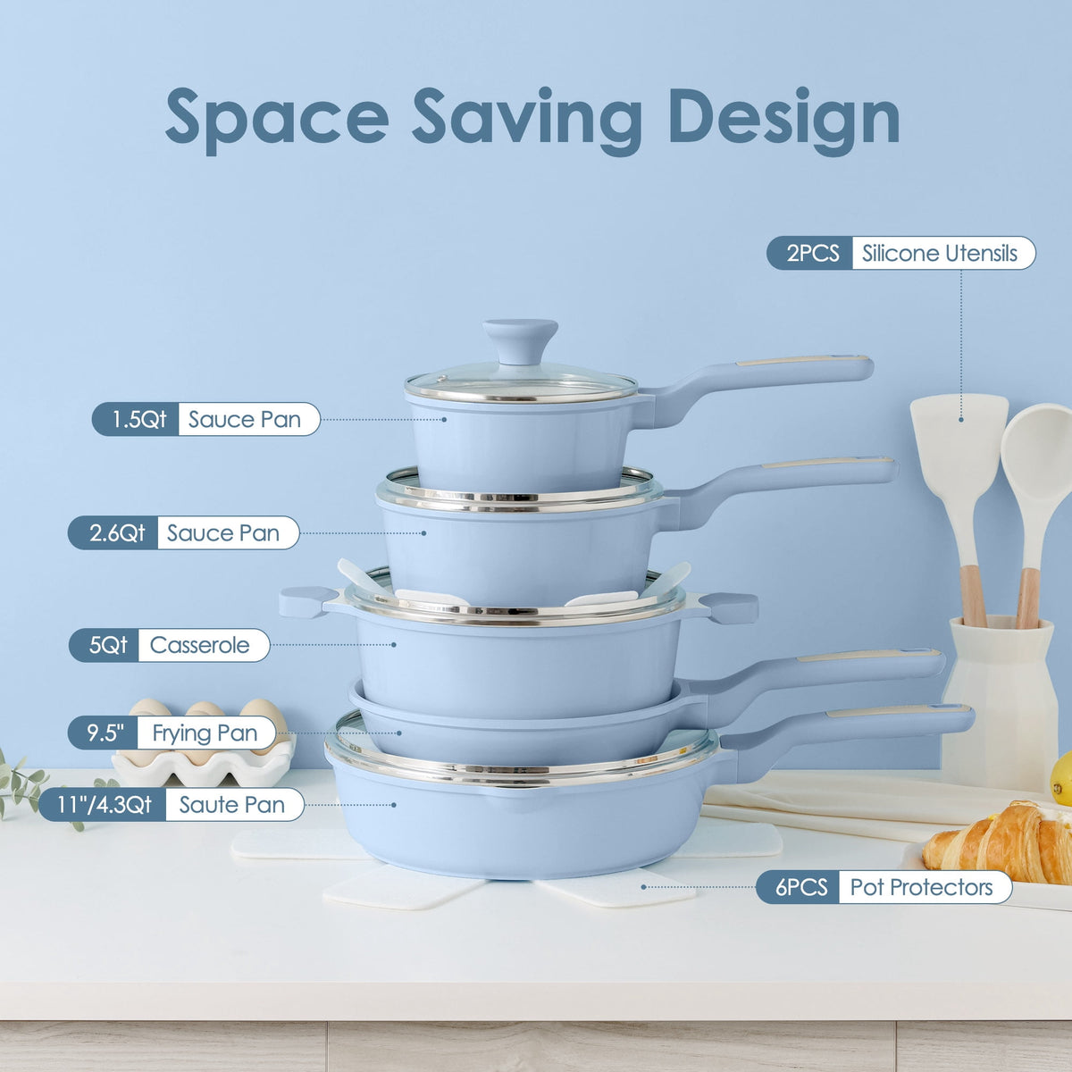 SENSARTE Ceramic Nonstick Pots and Pans Set, 10Pcs Healthy Non Stick Cookware Set with Pots Protectors, Induction Kitchen Cookware Sets, Dishwasher Safe White