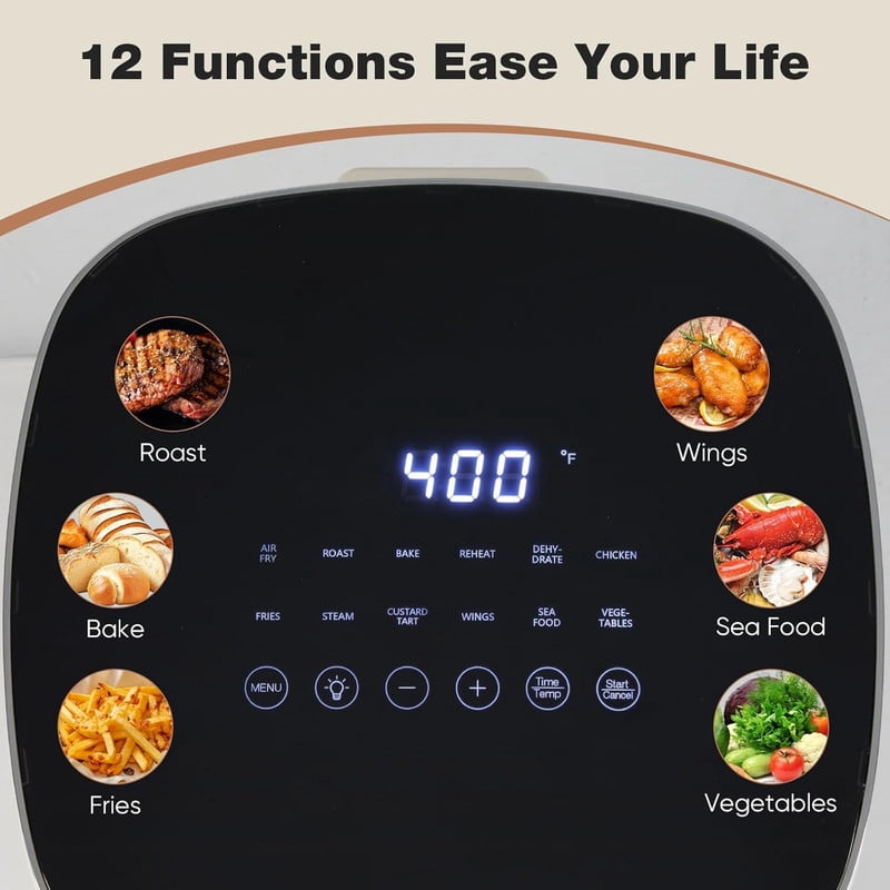 Simenmax Air Fryer, 6-Quart with Viewing Window, 12-in-1 Functions - Air Fry, Roast, Reheat, Dehydrate, Bake, Steam, and More, 400°F Max Temperature, Gray