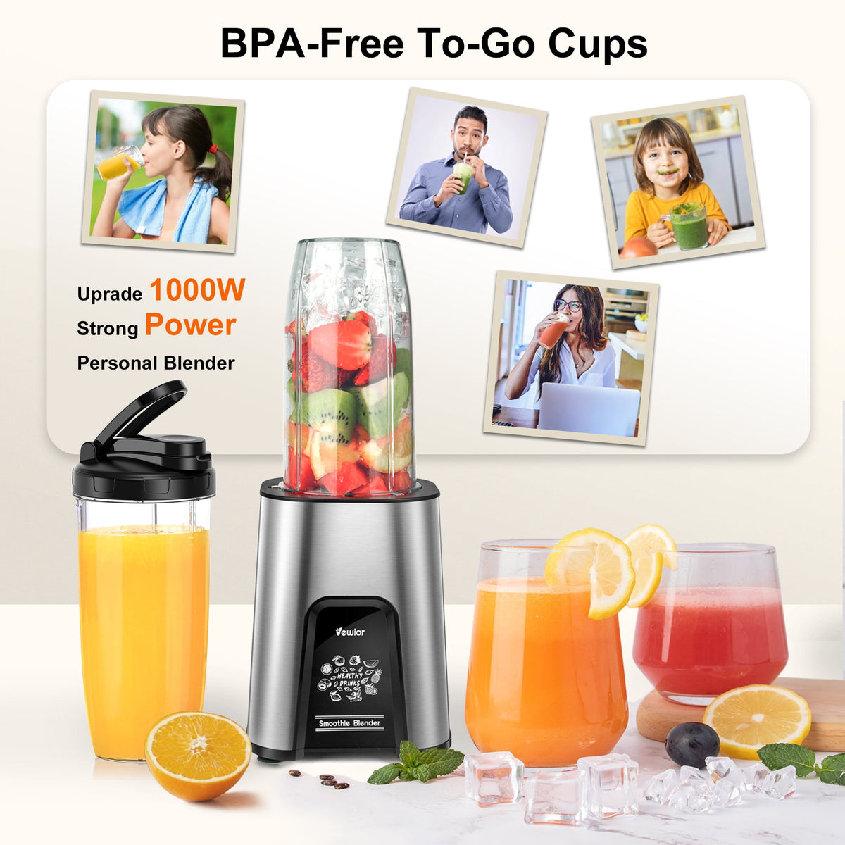 Smoothie Blender for Shakes and Smoothies, Blenders for Kitchen, Protein Drinks, Personal Blender with 2 * 22Oz Smoothie Cups with Lids