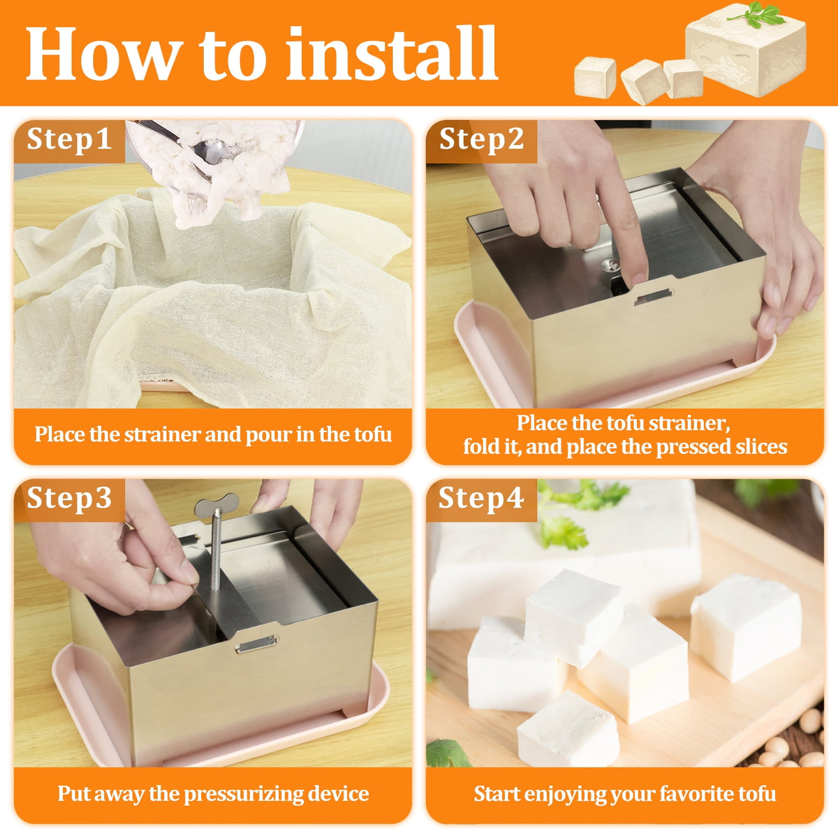 Ihvewuo Stainless Steel Tofu Press, Pressure Adjustable Tofu Press Maker with Drip Tray, Silver