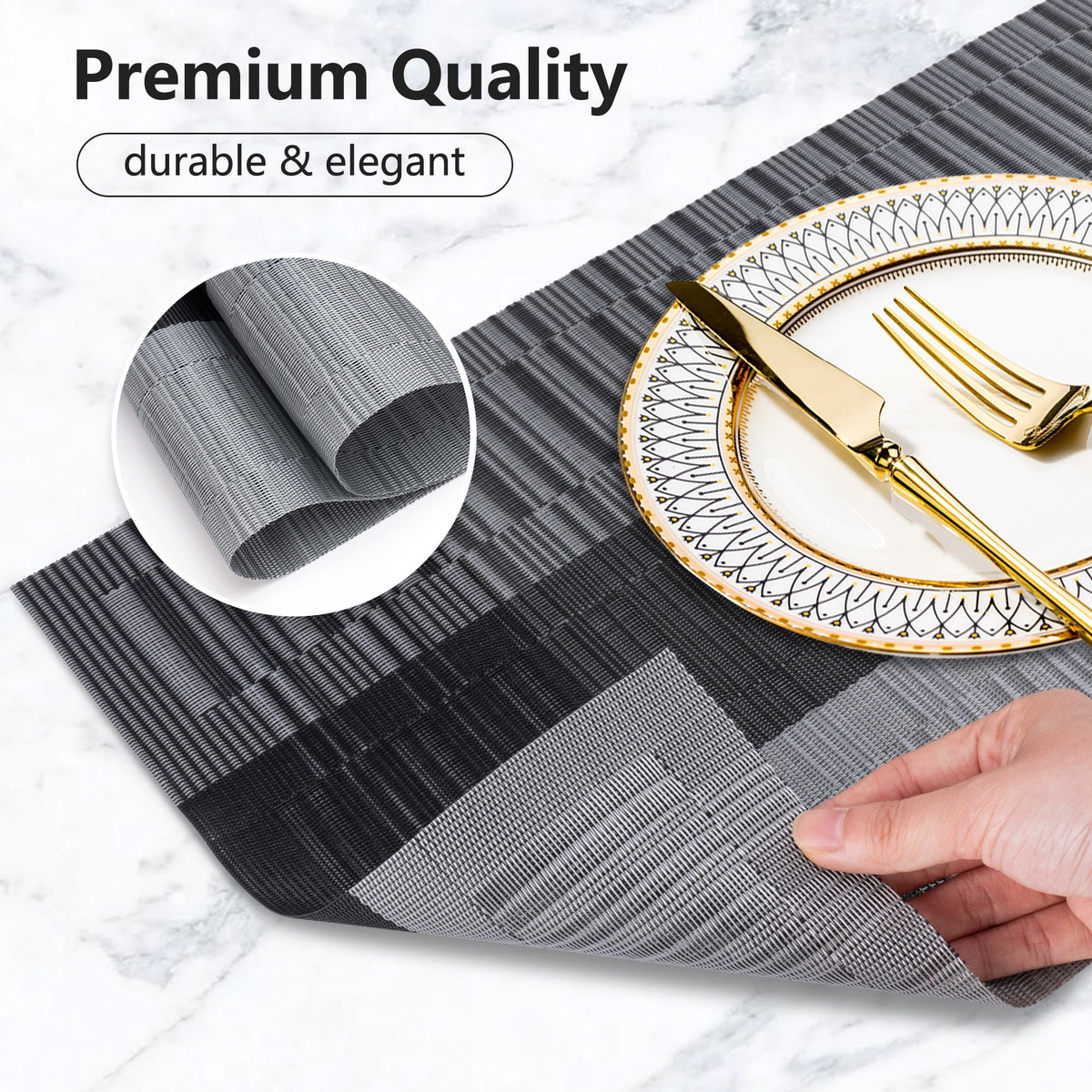 VCVCOO Navy Blue Placemats Set of 4 - Easy Clean Washable PVC Vinyl Placemats - Wipeable Heat Resistant Woven Table Mats for Dining Table - 12x18 inch