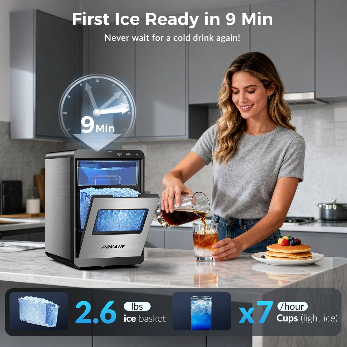 POKAIR Countertop Nugget Ice Maker for Fresh Chewable Ice, 44 lbs/Day Pebble Ice Machine, 9-Min Ice, Self-Cleaning, ETL, Brushed Stainless Steel