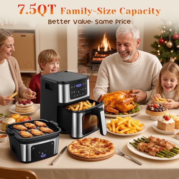 7.5QT 10-in-1 Air Fryer Oven with Grill Plate, LCD Digital Control, Clear-View Window, Air Fryer for Roasting, Baking, Reheating Healthy Meals, Nonstick Basket Air Fryer