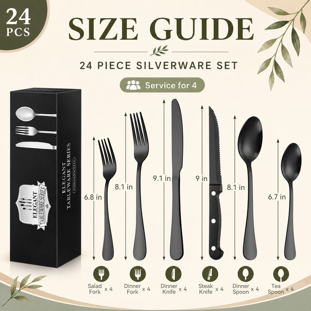 TINANA Silverware Sets, 24 PCS Flatware Set for 4, Stainless Steel Cutlery Utensil Set with Steak Knives Mirror Polished Forks and Spoons, Silver
