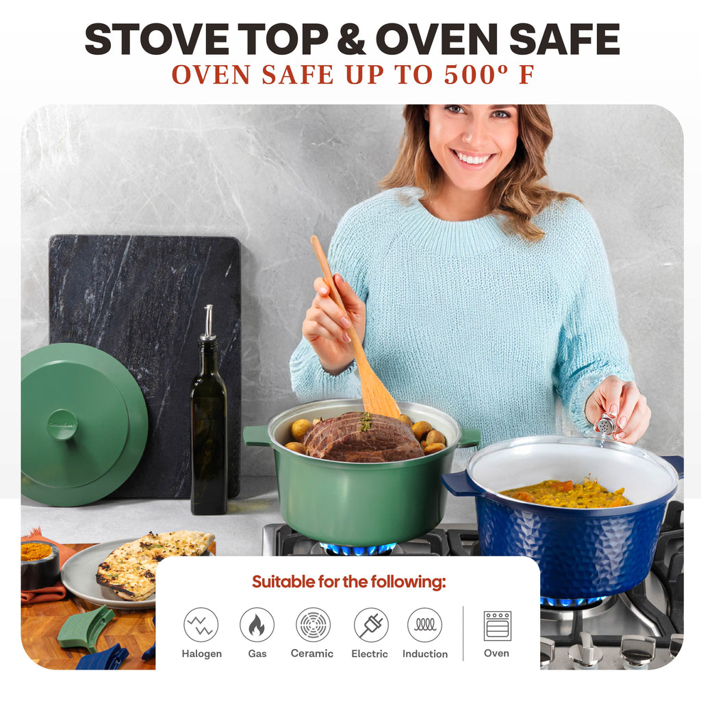 Gotham Steel Ceramic Hammered 5 Qt Lightweight Dutch Oven Pot with Lid & Holders, Oven Safe & Even Heat Retaining Dutch Oven for Bread Baking Sourdough, Soup, 70% Lighter than Cast Iron, Navy