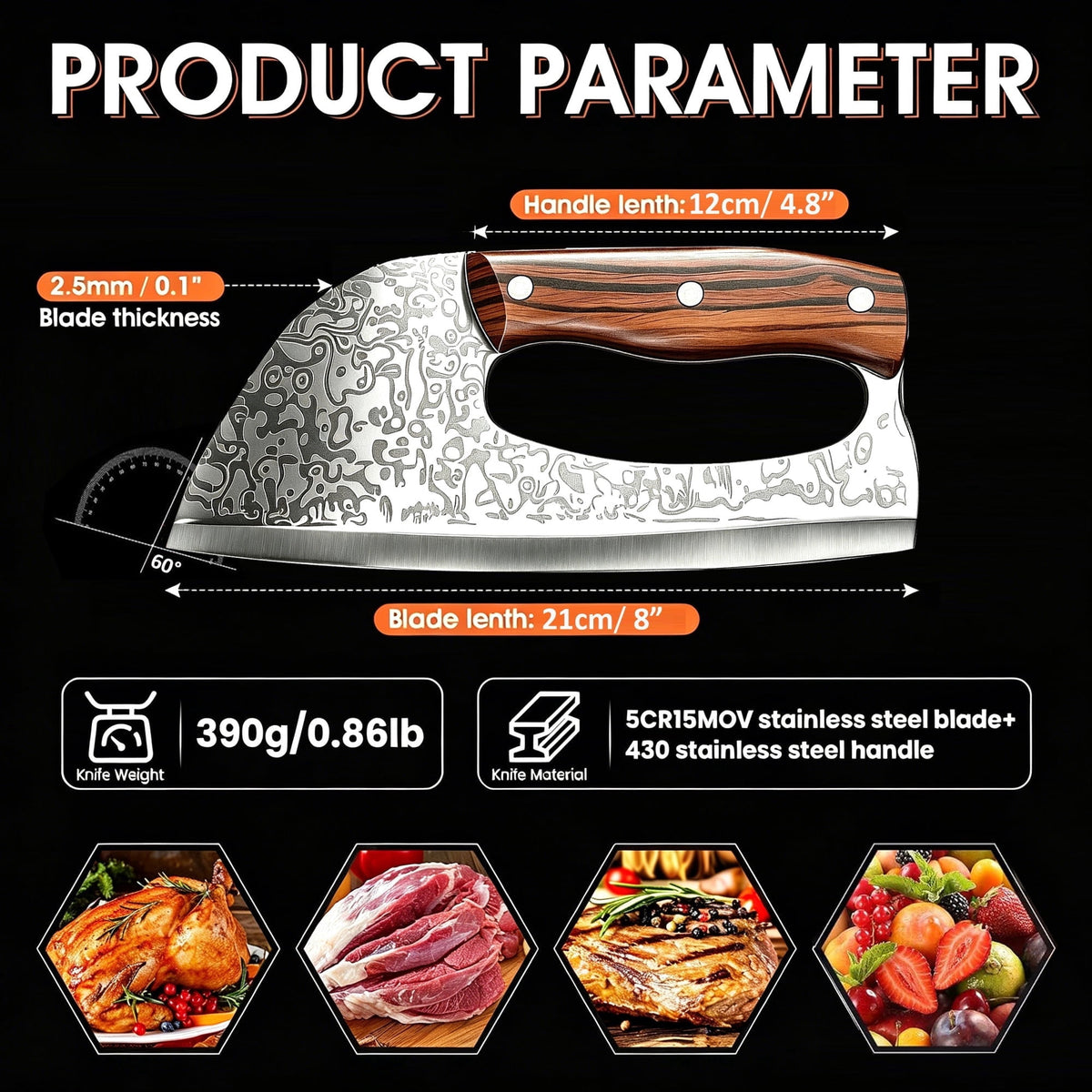 ACMETOP Kitchen Knife Meat Cleaver Knife Unique Ergonomic Handle Professional Stainless Steel Butcher Knife for Meat Vegetable