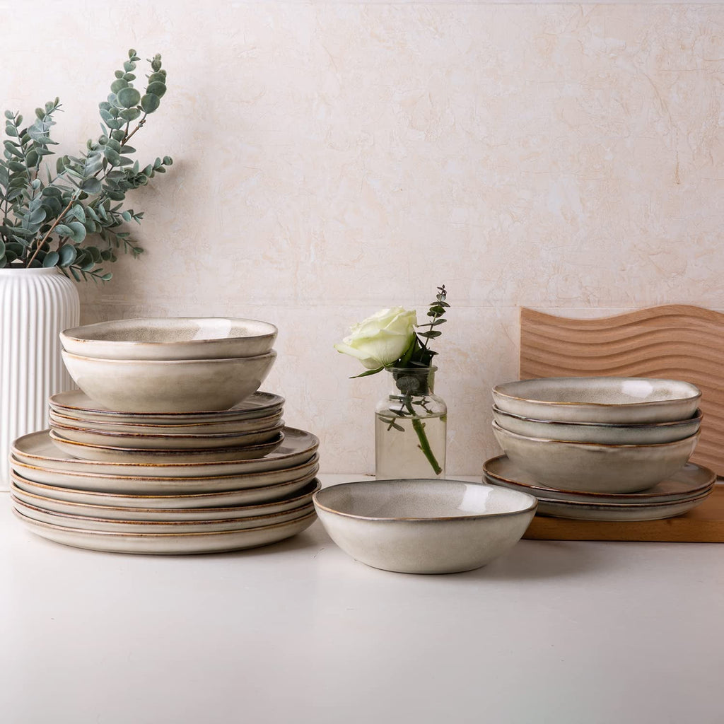 AmorArc Ceramic Dinner Plates Set of 6,10.5 Inch Handmade Reactive Glaze Stoneware Plates,Large Rustic Shape Dinnerware Dish Set for Kitchen, Microwave & Dishwasher Safe,Scratch Resistant-Pearl White