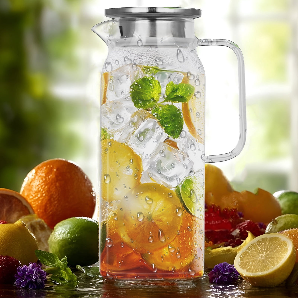 Soulgenix 2L Glass Pitcher, Square Glass Carafe with Stainless Steel Lid, 68 oz Carafe for Water, Juice, Iced Tea, Coffee