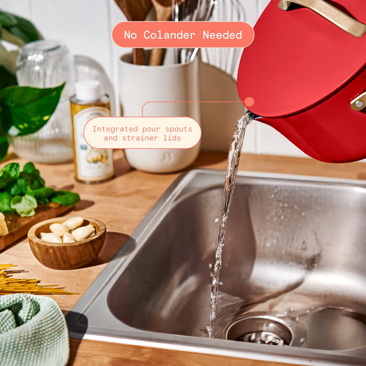 Beautiful 12-Piece Cookware Set, Pots and Pans with Strainer Lids and EverGood Ceramic Nonstick Coating, White Icing by Drew Barrymore