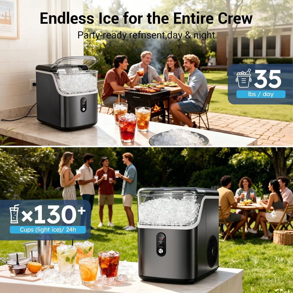 Snowyermine Nugget Ice Maker Countertop, 35 lbs per Day, Soft, Chewable Sonic-Style Pebble Ice, One-Touch Self-Cleaning, Stainless Steel, Black, for Home, Kitchen, Office, RV and Camping