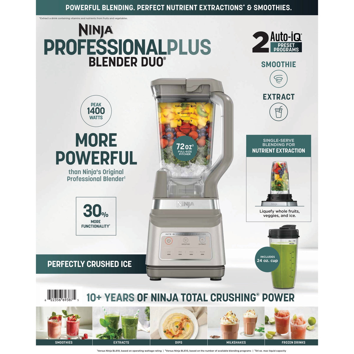 Ninja Professional Plus DUO 72-Oz Blender, Smoothies, Ice Crush, 2 Auto-iQ Preset Programs, 4 Speeds, 1400PW, BN750NV Navy