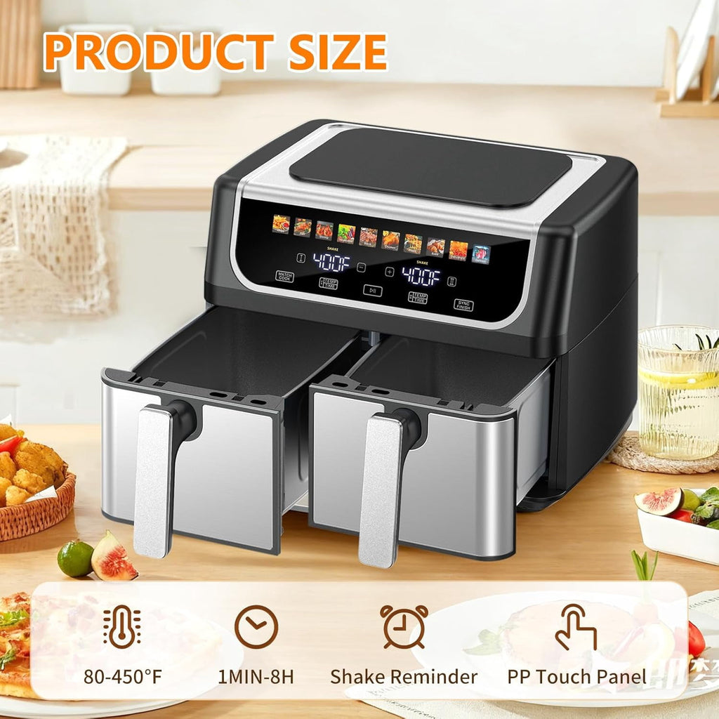 EDX 9QT Dual Basket Stainless Steel Air Fryer with Digital Sync & Match Cook, 1700W, 10 Presets, 2 Independent Cooking Zones, Shake Reminder, Black