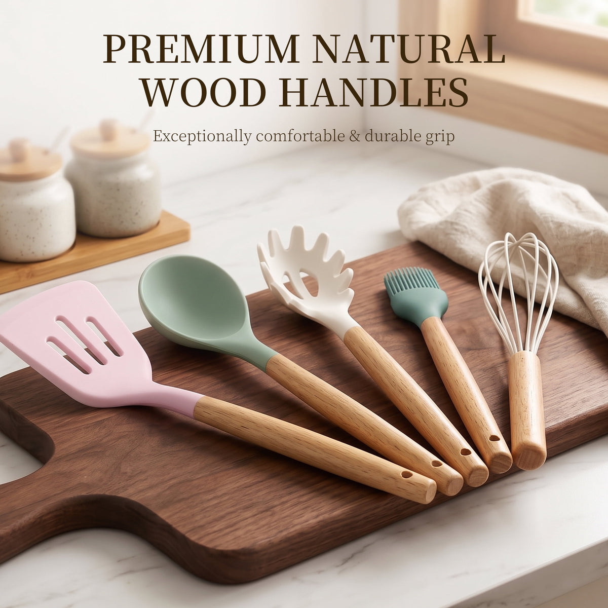 Silicone Cooking Utensils Set - Silicone Kitchen Utensils for Cooking Wooden Handles, 446°F Heat Resistant Kitchen Utensil Spatula Sets w Holder, Gadgets for Non-Stick Cookware BPA FREE (Black)