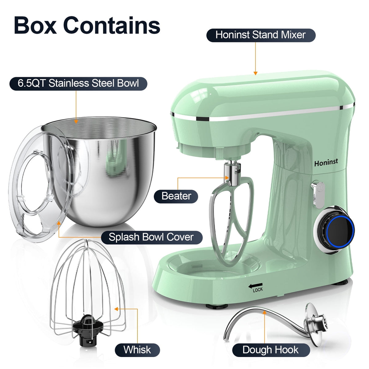 Honinst 6.5 QT Electric Stand Mixer, 10+P Speeds Lightweight with Tilt-Head Kitchen Stand Mixer, Dough Hook, Whisk, Beater and Bowl, Food Mixer for Baking, Cake and Most Home Cooks