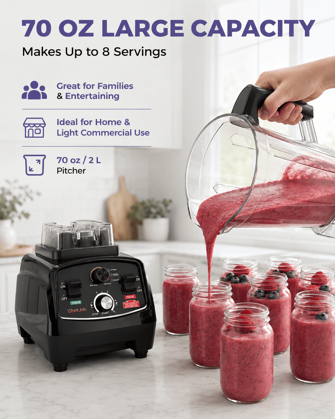 WantJoin Blender-Commercial Blender with Soundproof Shield, Enclosure 2200W ,Quiet Professional-Grade Power,Self-Cleaning,Gray