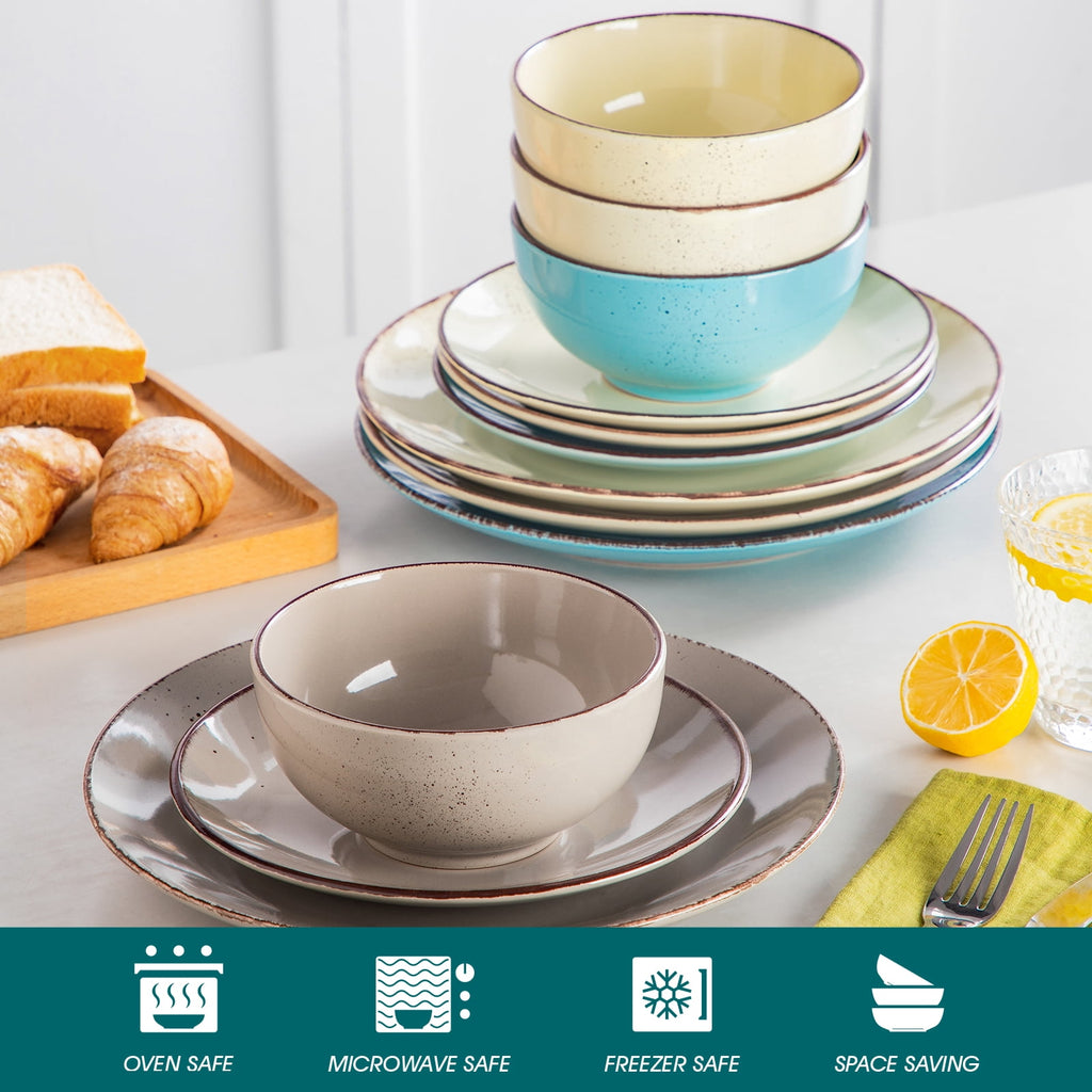 Malacasa 12 Pcs Dinnerware Sets, Ceramic Plates and Bowls Set for 4 with Reactive Glaze & Speckled Finish, Dish Sets, Dishwasher & Microwave Safe, Light Colors
