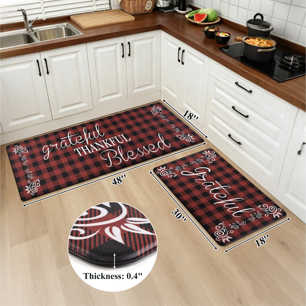 MeyJey Farmhouse Kitchen Rug Set of 2, Non-Slip Anti-Fatigue Waterproof Cushioned Mat for Kitchen, Dining & Laundry Room, 18"x30"+18"x48" Teal/Brown