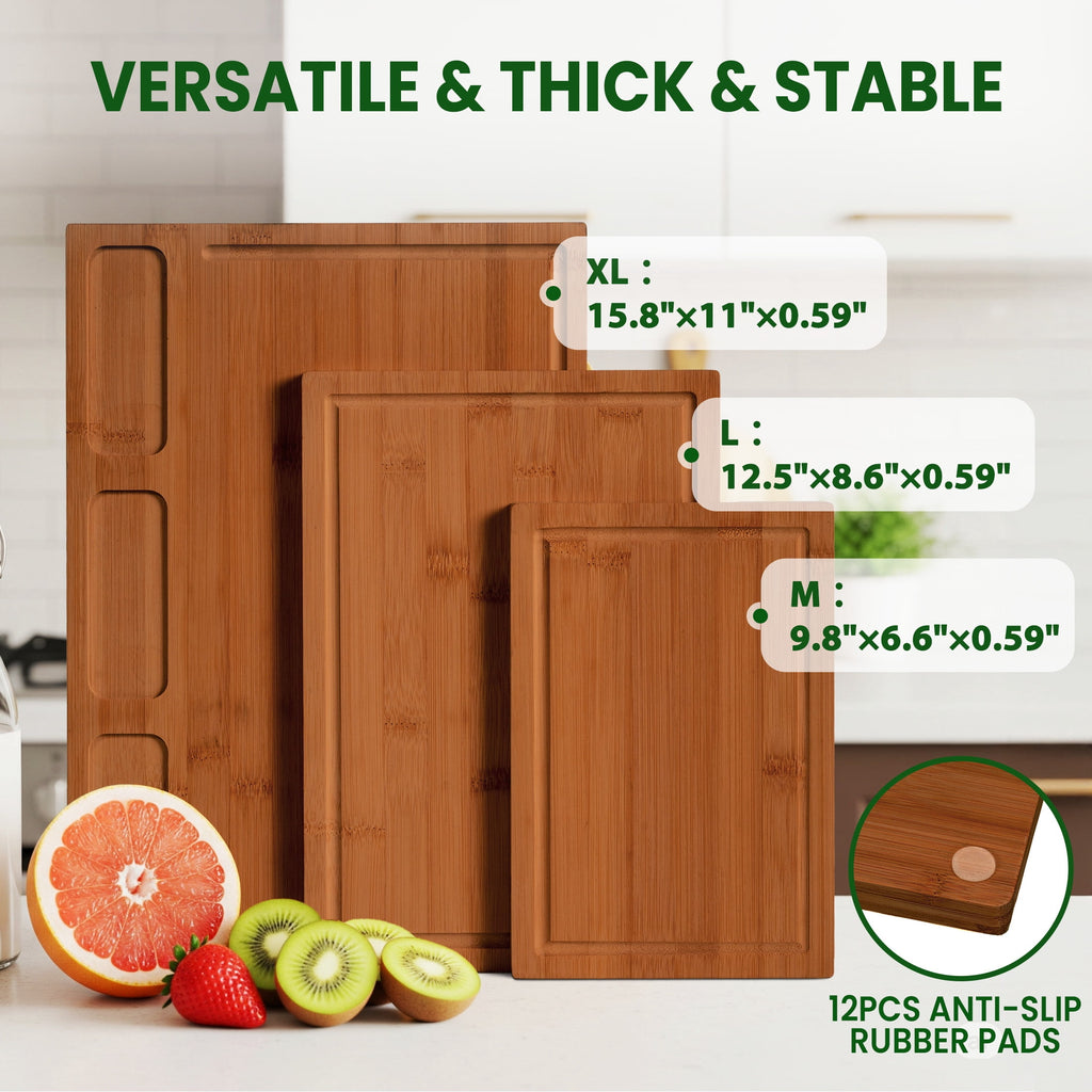 Kikcoin Cutting Board Set of 3, Bamboo Cutting Boards for Kitchen, Non-slip Wooden Chopping Boards with Juice Grooves, Reversible Charcuterie Board for Fruit, Meat