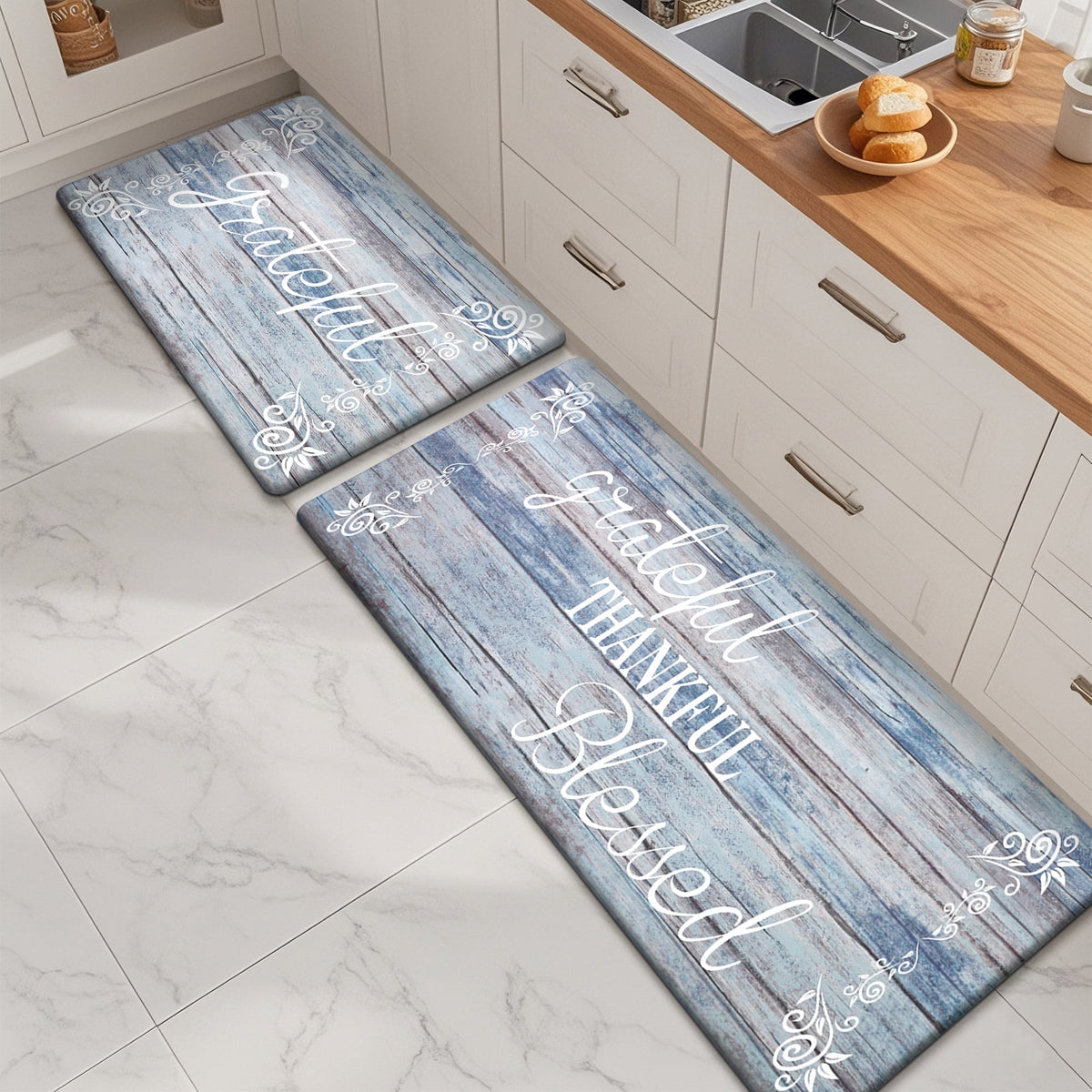 MeyJey Farmhouse Kitchen Rug Set of 2, Non-Slip Anti-Fatigue Waterproof Cushioned Mat for Kitchen, Dining & Laundry Room, 18"x30"+18"x48" Teal/Brown