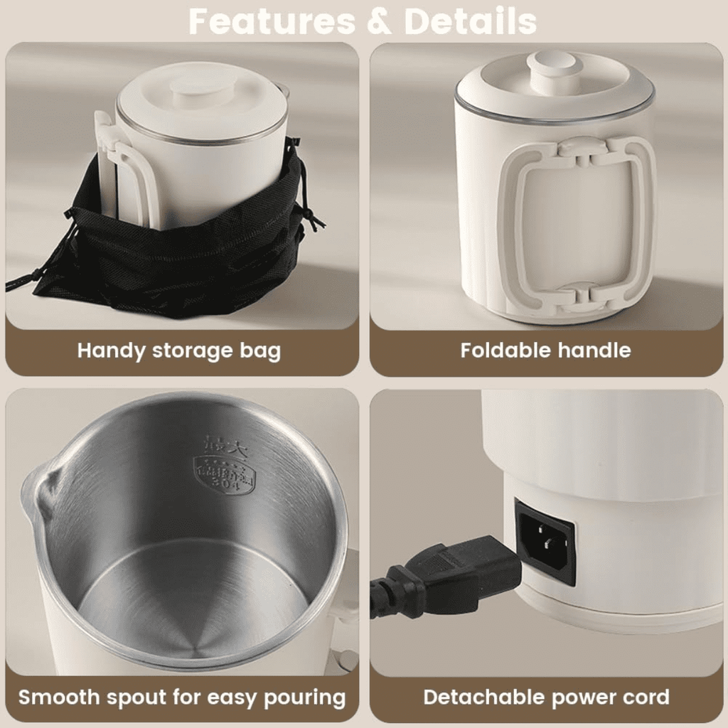 SpaceMuse Portable Collapsible Electric Water Kettle 27.1oz, 304 Stainless Steel Electric Kettle with Dual Heat Settings, Tea Brewer Milk Frother Coffee Maker with for Travel Camping Office&Home Use