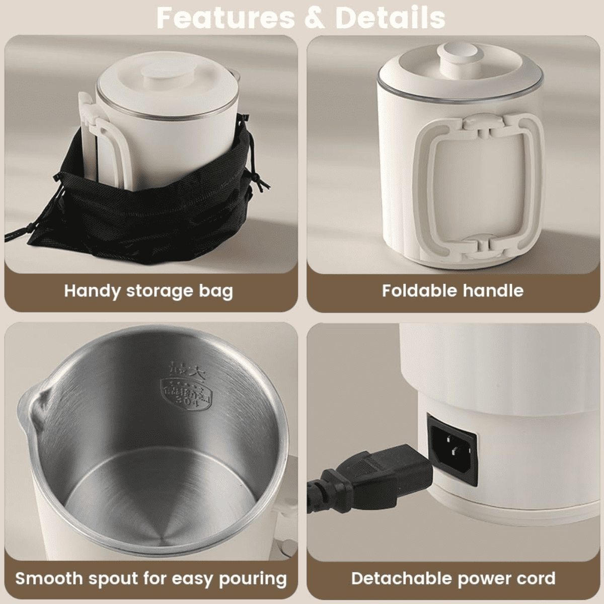 SpaceMuse Portable Collapsible Electric Water Kettle 27.1oz, 304 Stainless Steel Electric Kettle with Dual Heat Settings, Tea Brewer Milk Frother Coffee Maker with for Travel Camping Office&Home Use