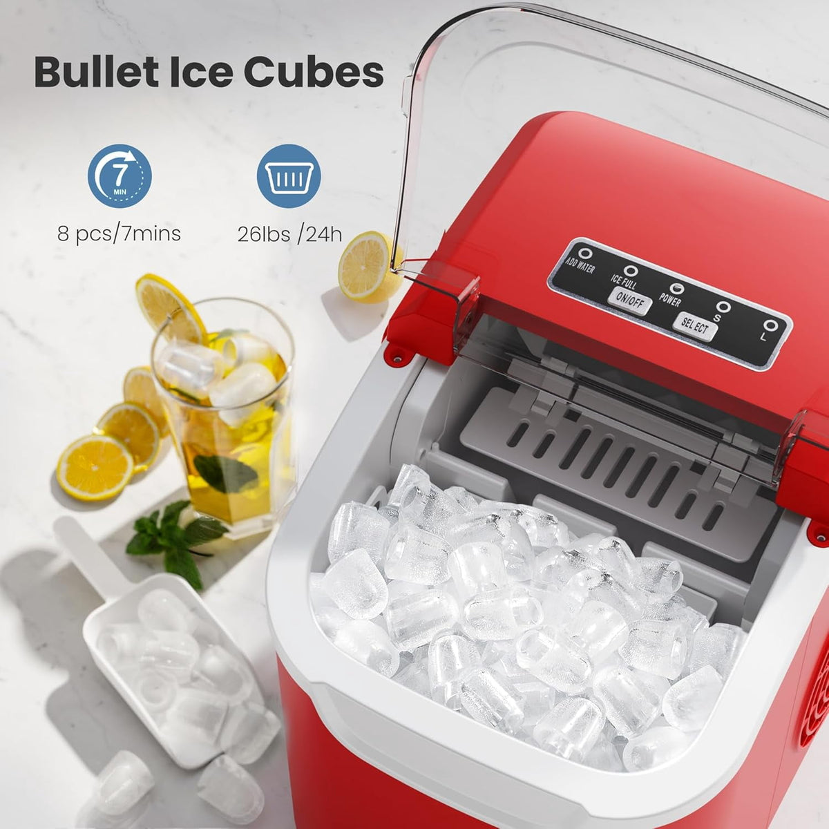 Havato Countertop Ice Maker, 8 Bullet Ice Cubes in 6 Mins, 26lbs/24H, w/ Scoop & Basket, White