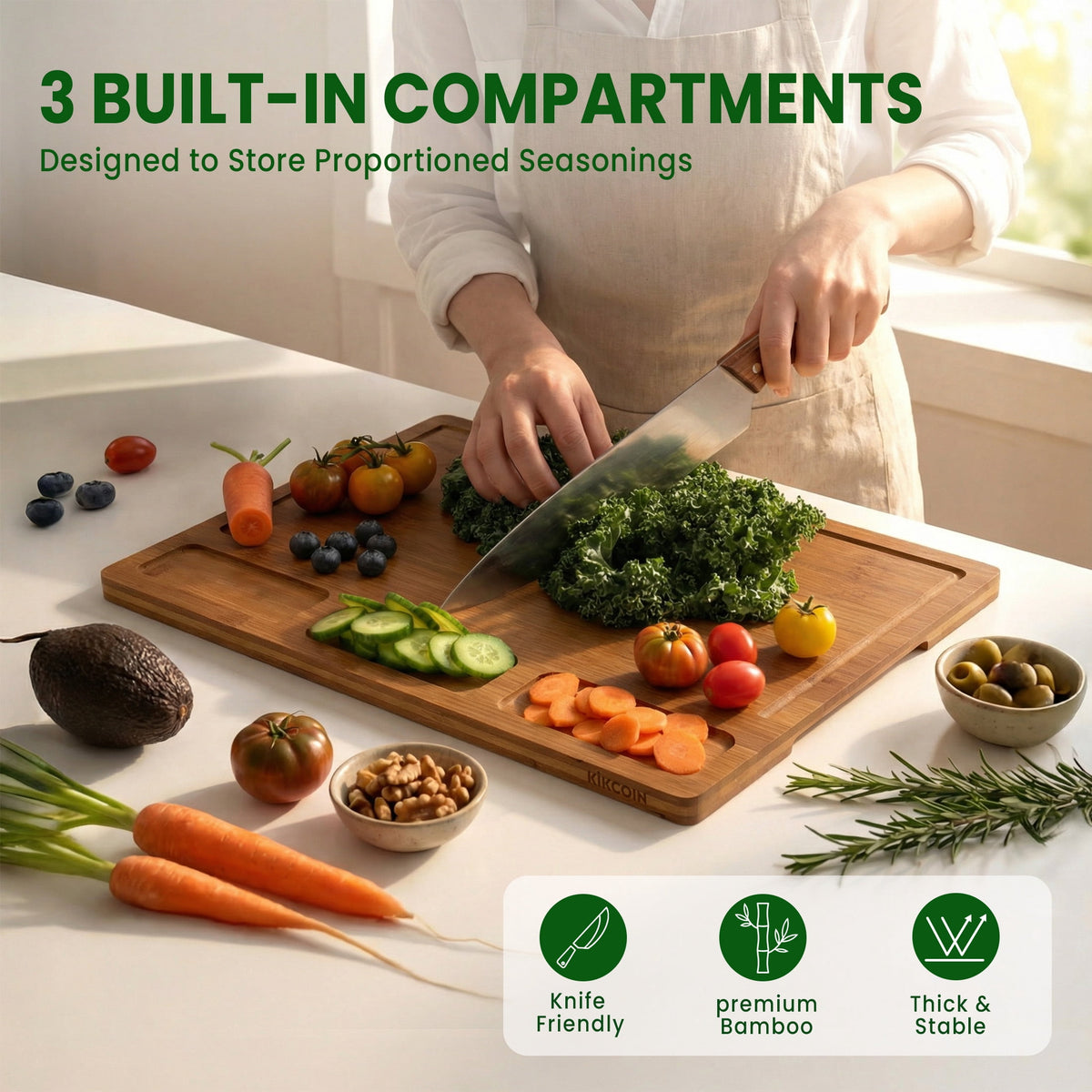 Kikcoin Cutting Board Set of 3, Bamboo Cutting Boards for Kitchen, Non-slip Wooden Chopping Boards with Juice Grooves, Reversible Charcuterie Board for Fruit, Meat