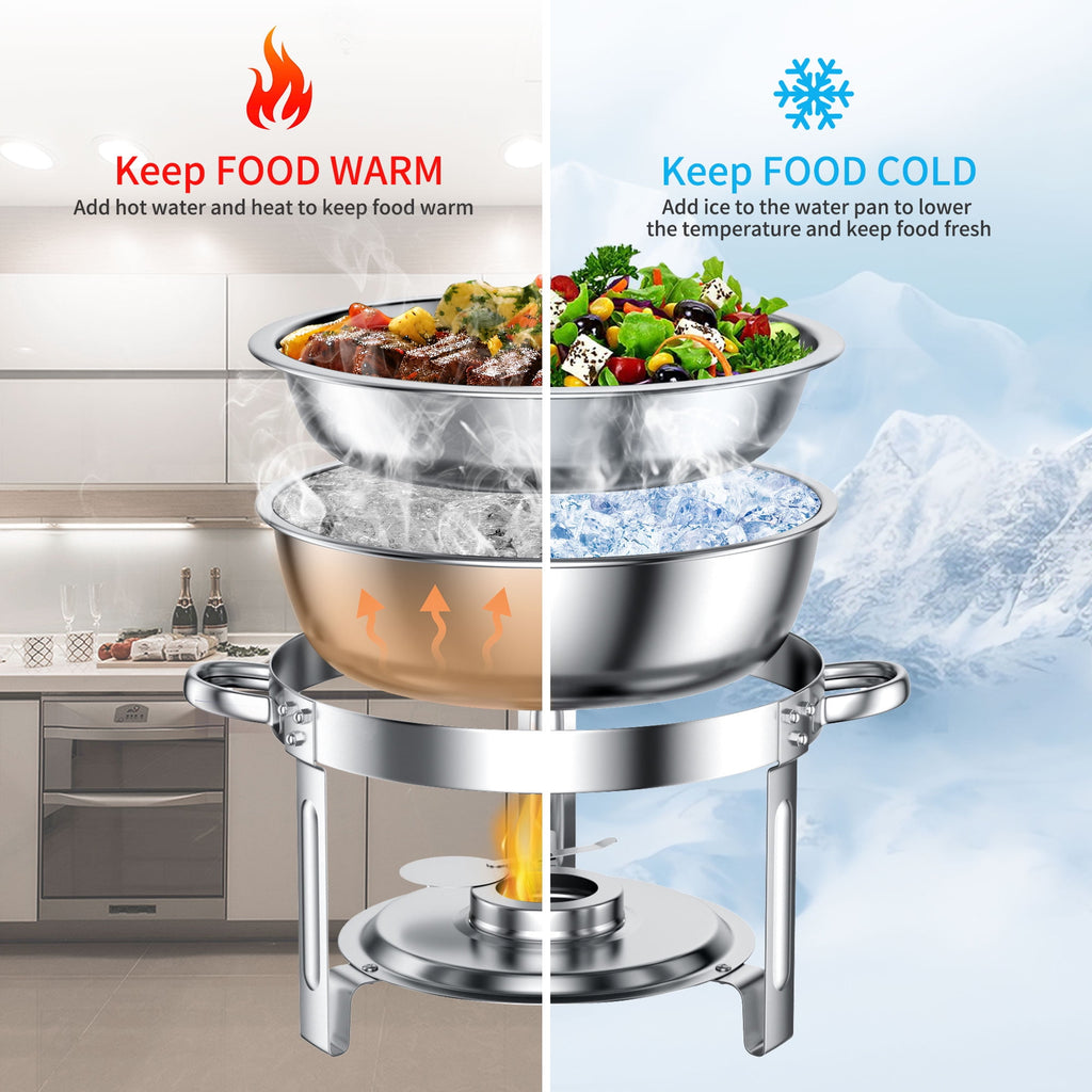Chafing Dish Buffet Set 2 Pack: TINANA 5QT Stainless Steel Chafing Dishes for Buffet with Glass Lid & Lid Holder, Round Chafers and Buffet Warmers Sets for Parties, Events, Wedding, Camping, Dinner
