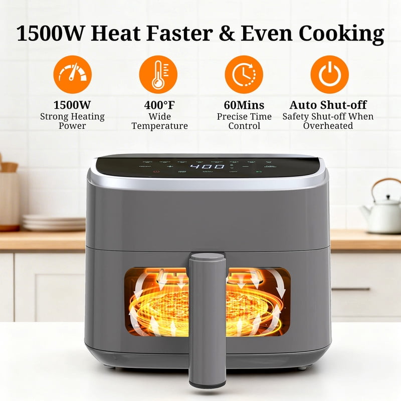 Simenmax Air Fryer, 6-Quart with Viewing Window, 12-in-1 Functions - Air Fry, Roast, Reheat, Dehydrate, Bake, Steam, and More, 400°F Max Temperature, Gray