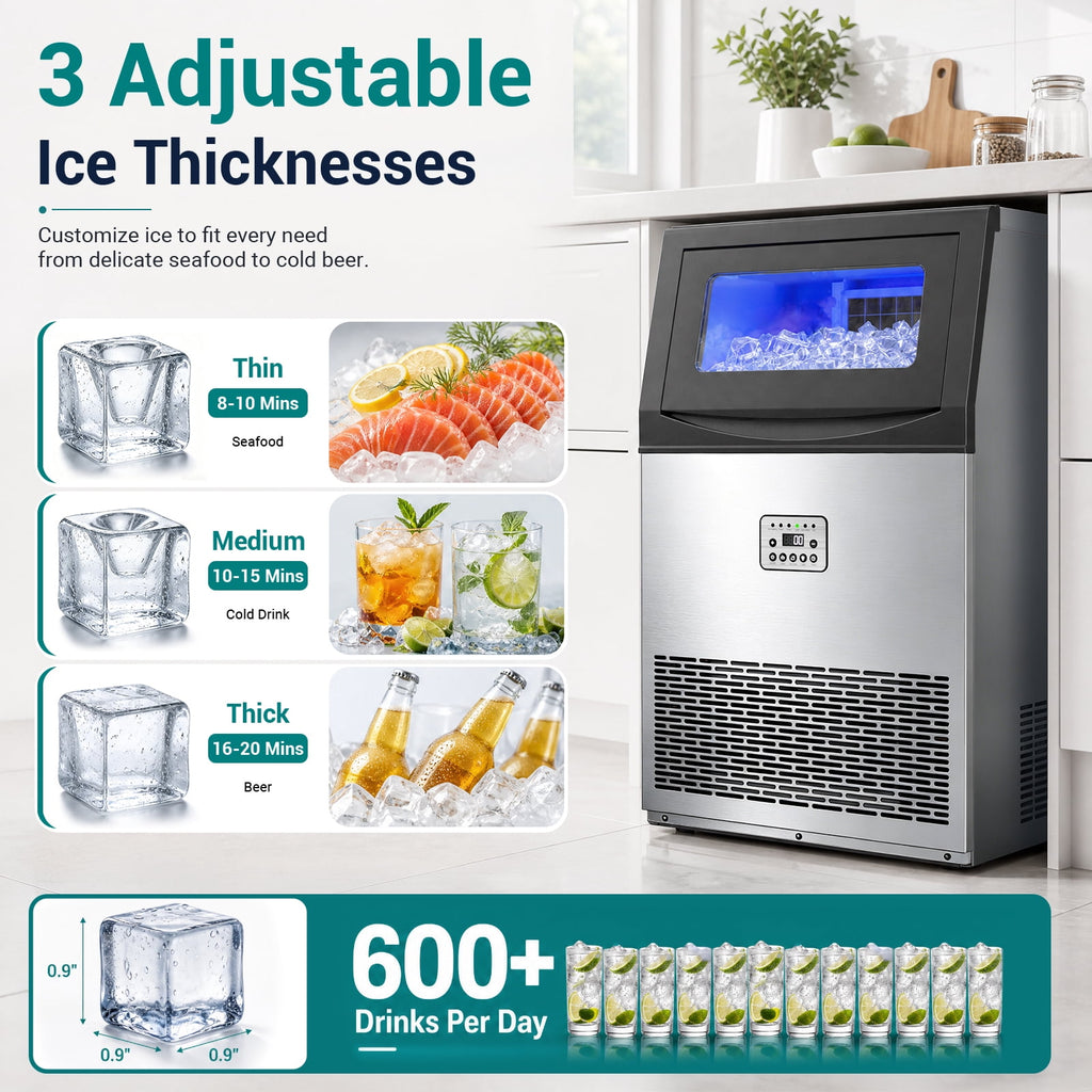 Ecojoy Commercial Ice Maker Machine 200Lbs/24H, 50Lbs Storage Bin, Freestanding & Under Counter Ice Maker | 55 Ice Cubes in 5-15 min | Thicknesses Adjustable | Commercial Ice Machine, Stainless Steel