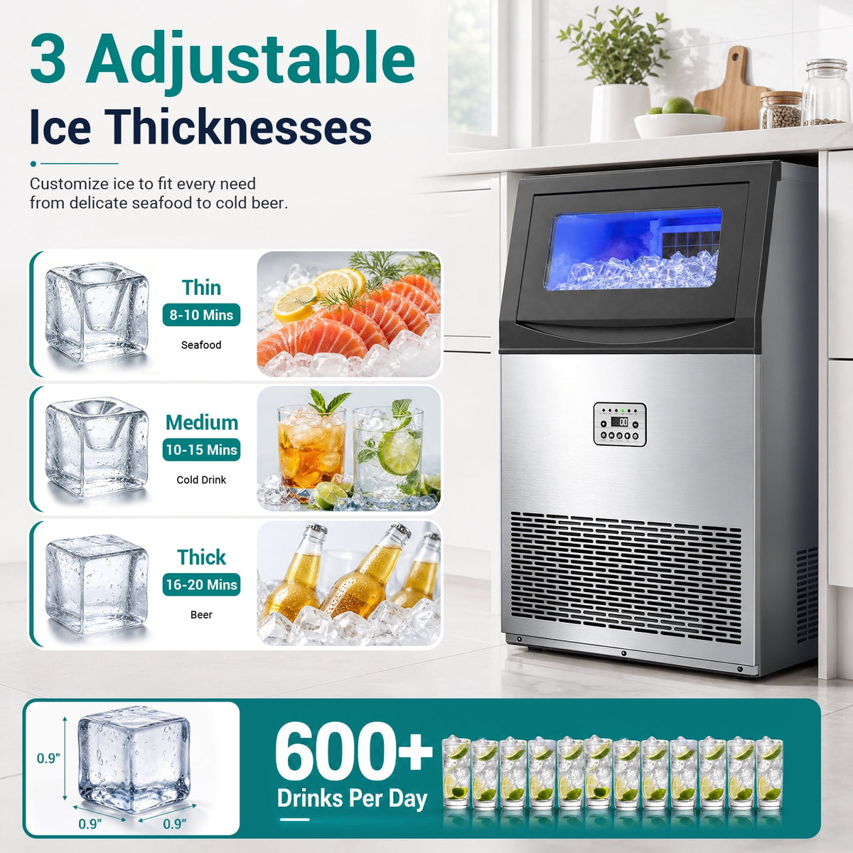Ecojoy Commercial Ice Maker Machine 200Lbs/24H, 50Lbs Storage Bin, Freestanding & Under Counter Ice Maker | 55 Ice Cubes in 5-15 min | Thicknesses Adjustable | Commercial Ice Machine, Stainless Steel