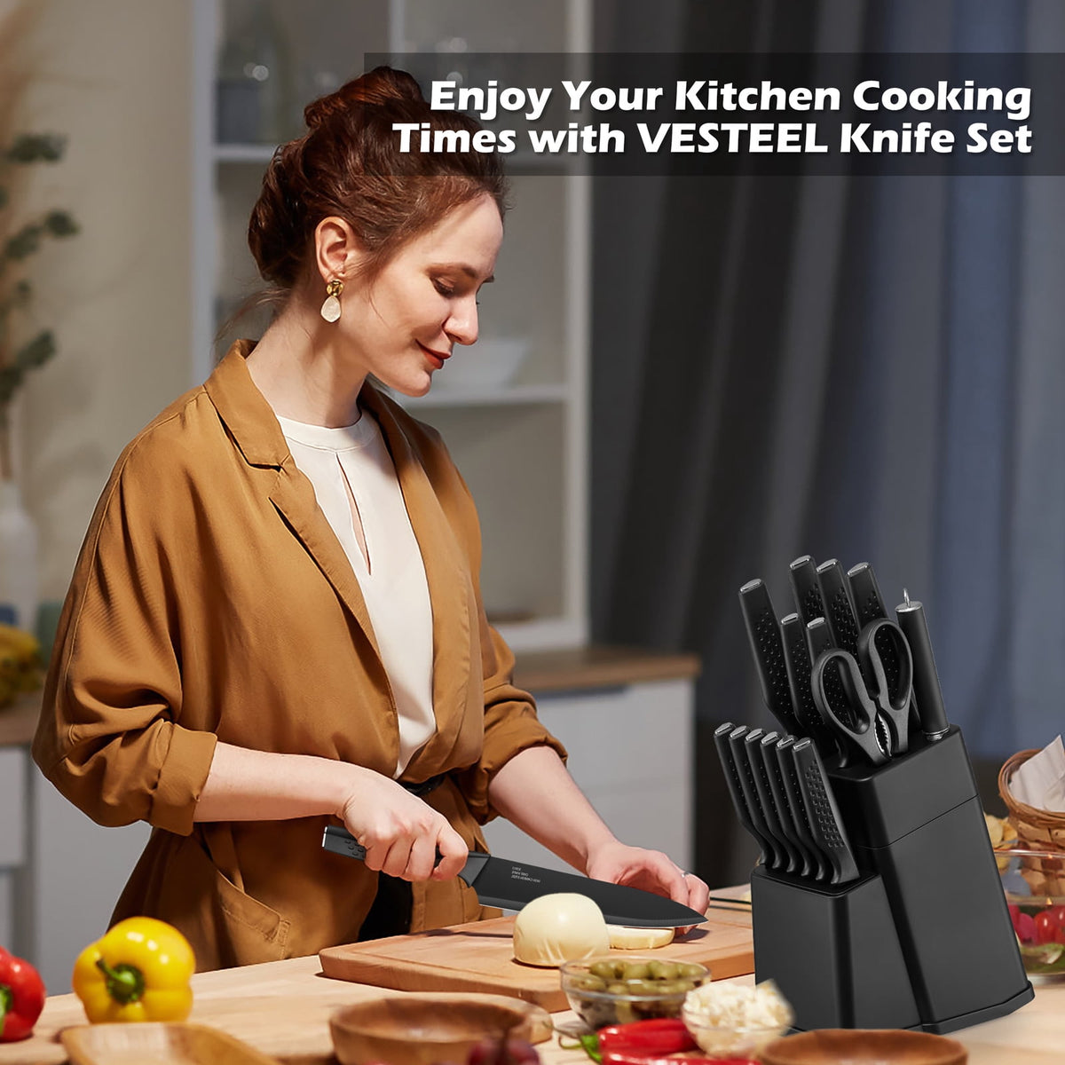 Vesteel Knife Block Set for Kitchen, 15-Piece High Carbon Stainless Steel Knives Set with Ergonomic Handle, Ultra-sharp & Rust Resistant, Walnut Brown