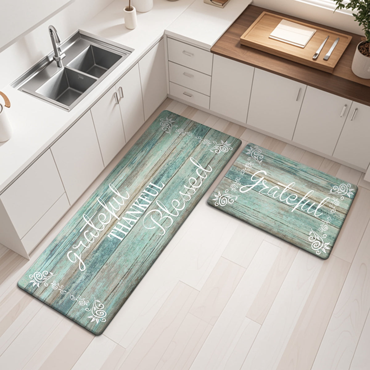 MeyJey Farmhouse Kitchen Rug Set of 2, Non-Slip Anti-Fatigue Waterproof Cushioned Mat for Kitchen, Dining & Laundry Room, 18"x30"+18"x48" Teal/Brown