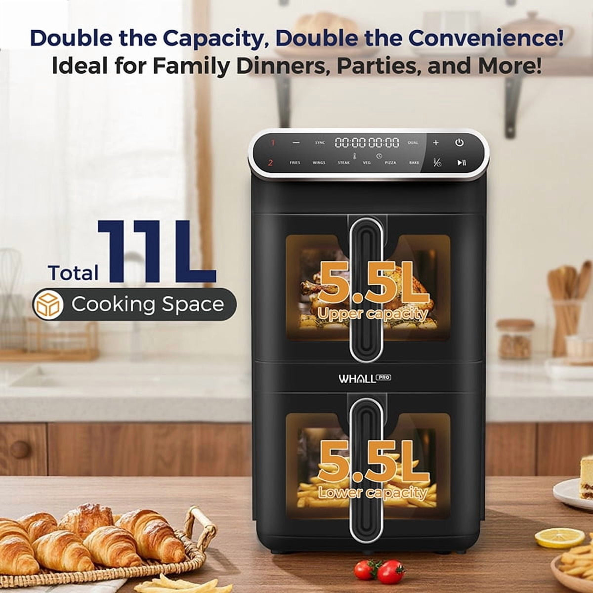 WHALLSE Dual Basket Digital Air Fryer Oven with View Windows, 2 Independent 5.5 Qt Baskets, 1650W, New