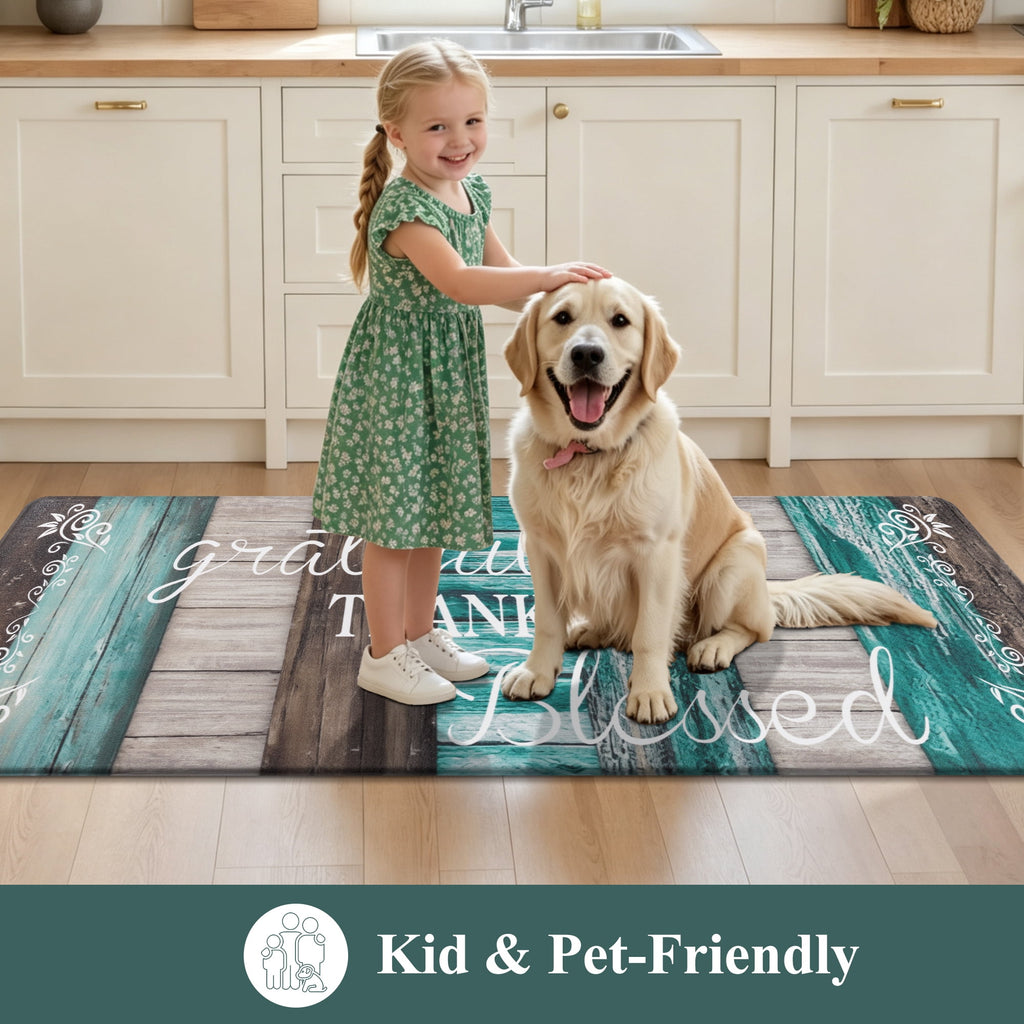MeyJey Farmhouse Kitchen Rug Set of 2, Non-Slip Anti-Fatigue Waterproof Cushioned Mat for Kitchen, Dining & Laundry Room, 18"x30"+18"x48" Teal/Brown