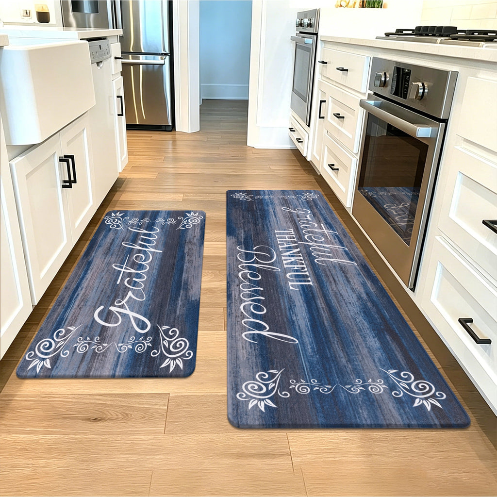 MeyJey Farmhouse Kitchen Rug Set of 2, Non-Slip Anti-Fatigue Waterproof Cushioned Mat for Kitchen, Dining & Laundry Room, 18"x30"+18"x48" Teal/Brown