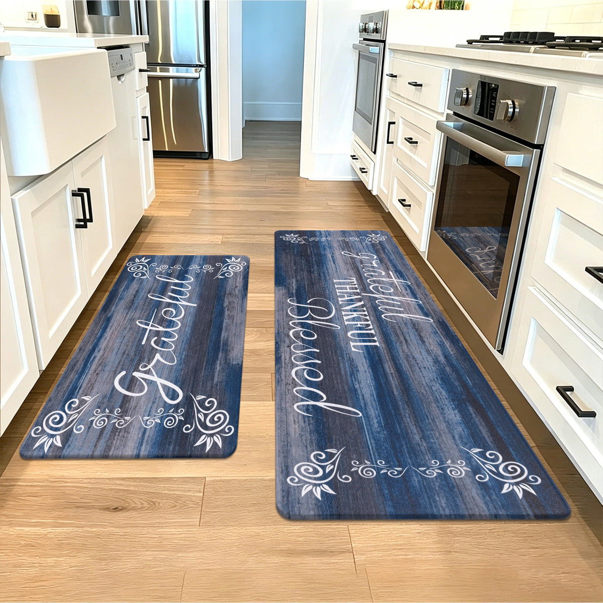 MeyJey Farmhouse Kitchen Rug Set of 2, Non-Slip Anti-Fatigue Waterproof Cushioned Mat for Kitchen, Dining & Laundry Room, 18"x30"+18"x48" Teal/Brown