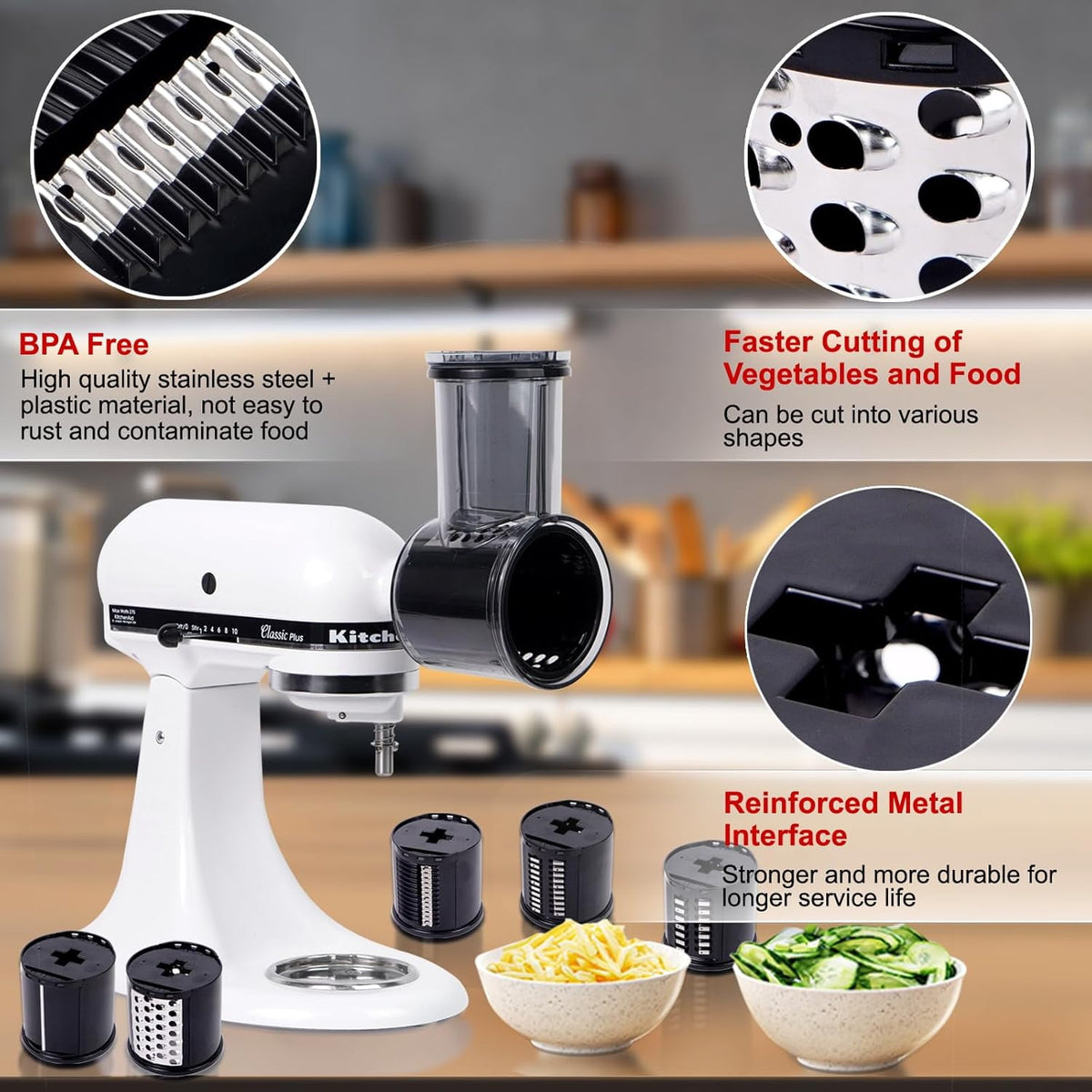 PQPO Stainless Steel Slicer Shredder Grater with 4 Blades, Compatible with KitchenAid Stand Mixer, Cheese Grater