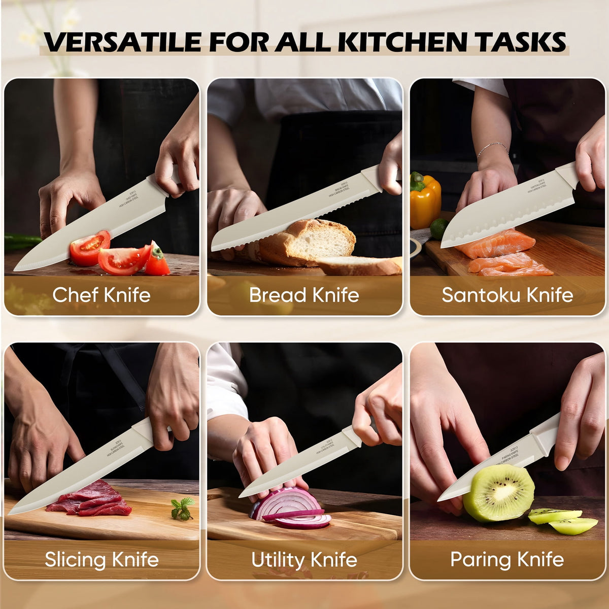 Vesteel Knife Block Set for Kitchen, 15-Piece High Carbon Stainless Steel Knives Set with Ergonomic Handle, Ultra-sharp & Rust Resistant, Walnut Brown