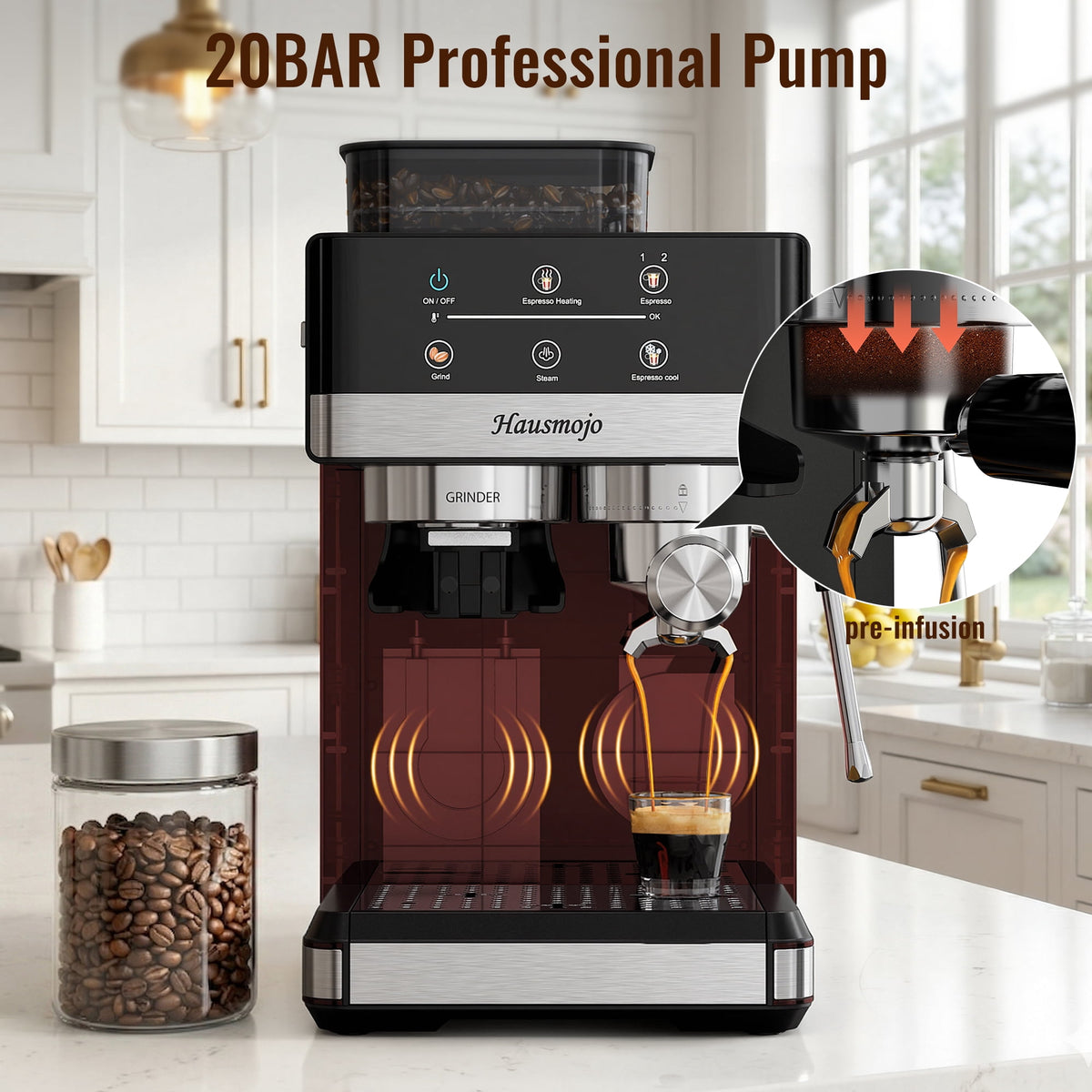 Hausmojo M5520 Espresso Machine with Grinder & Milk Frother , 20 Bar Semi-Automatic Cappuccino Latte Maker for Home
