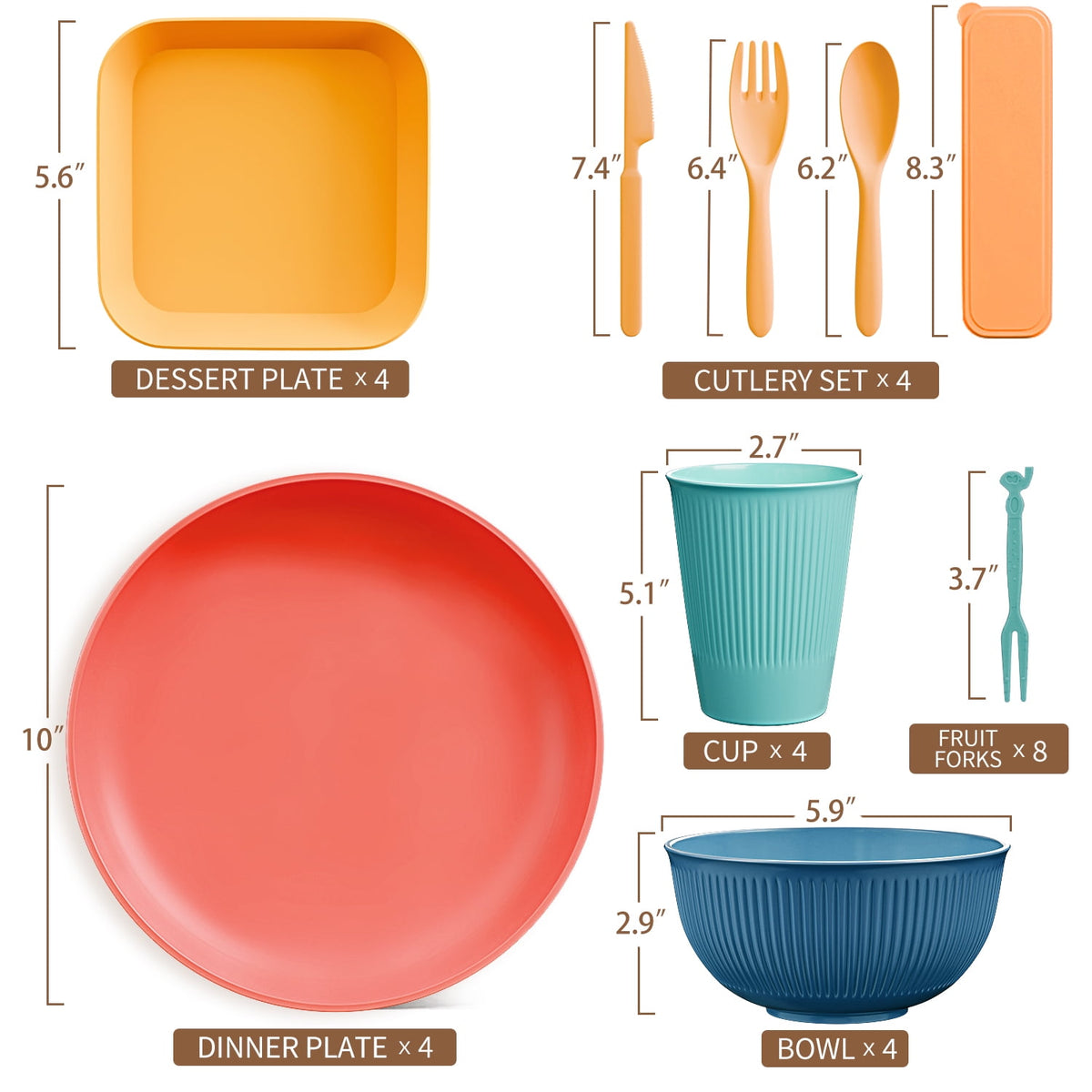 TINANA Wheat Straw Dinnerware Set, Service for 4, 36 PCS Unbreakable Plastic Plates and Bowls Sets, Dishwasher Microwave Safe - Multi Color