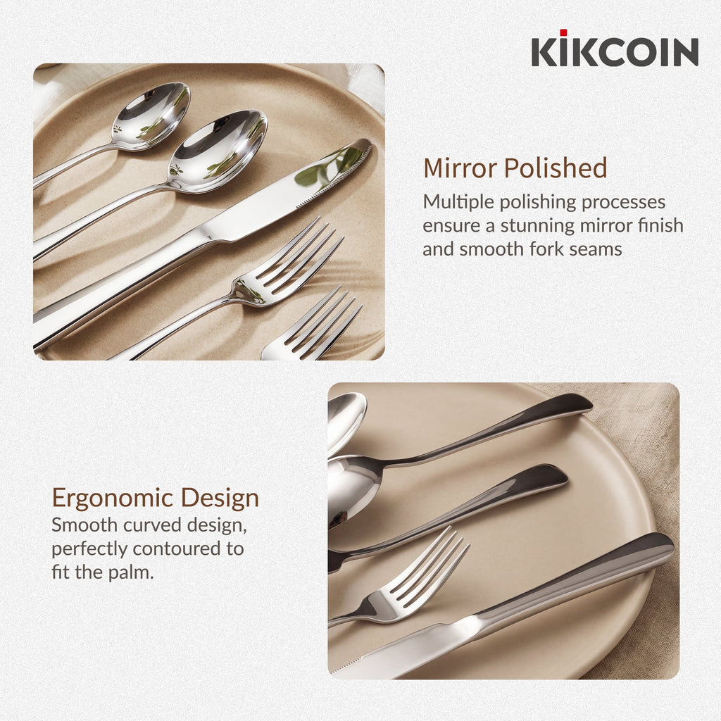 Kikcoin Silverware Set for 8, 49 Pcs Stainless Steel Flatware Set, Mirror Polished Tableware Cutlery for Home, Restaurant, Dishwasher Safe