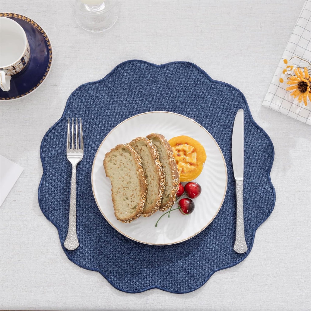 Ileading Scalloped Round Placemats Set of 6 Polyester Linen Blend Washable Non Slip Place Mats Easy Clean Heat Resistant Table Mats for Kitchen Dining Table Decor