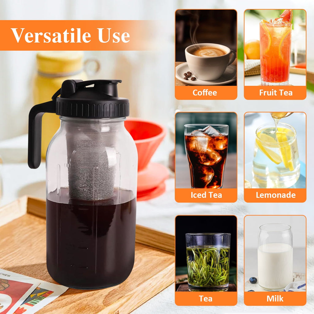 TINANA Cold Brew Coffee Maker, 64OZ Wide Mouth Mason Jar Pitcher with Stainless Steel Filter, Pour Spout for Iced Brew Coffee & Tea Lemonade