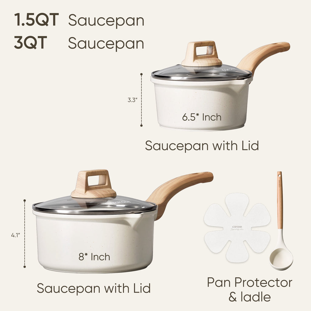 CAROTE 6-Piece Nonstick Saucepan Set with Lid, 1.5QT & 3QT Cooking Pots, Induction Compatible, White